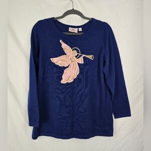 Quacker Factory Sequined Angel Boxy Minimalist Navy Blue Sweater Top sz M NWT